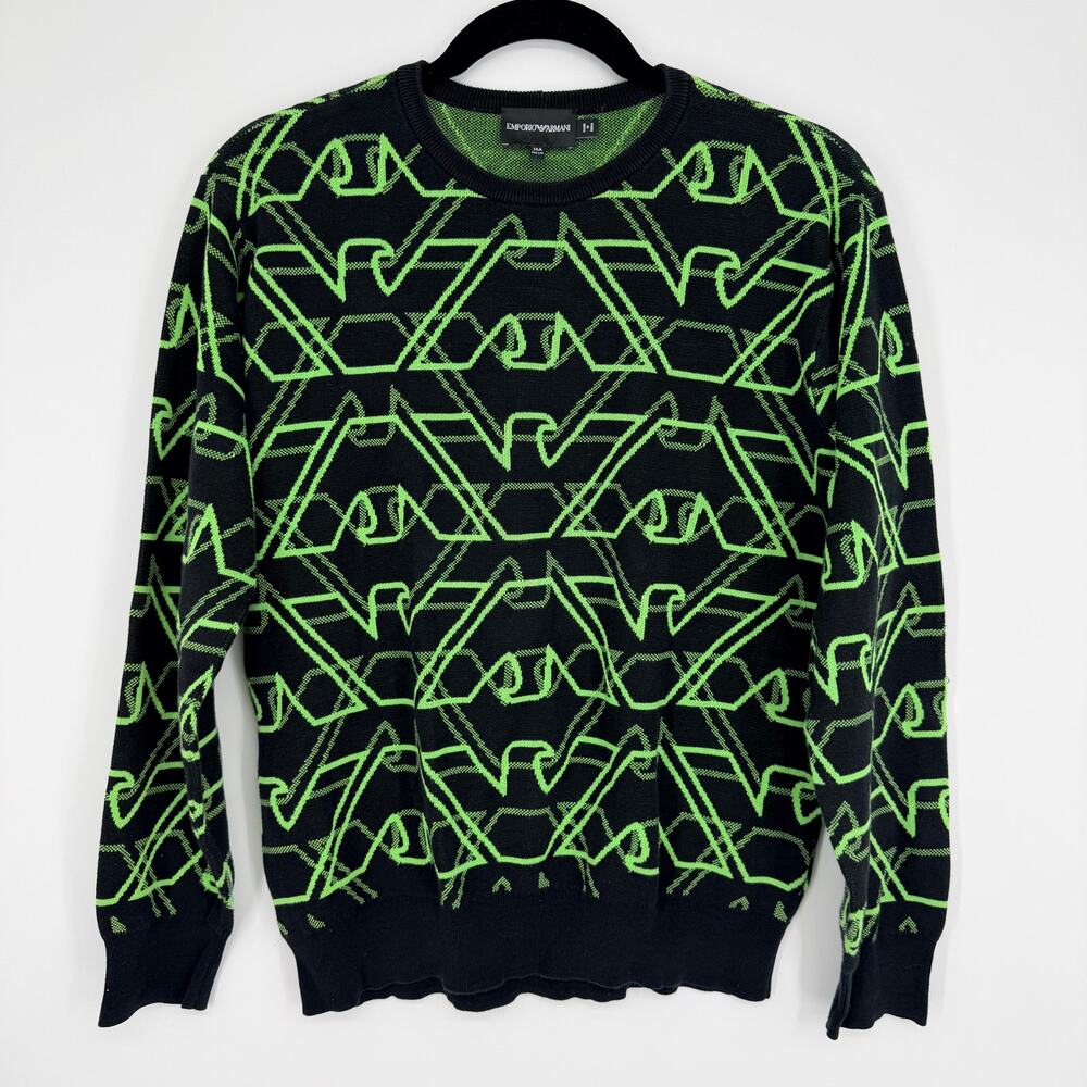 EMPORIO ARMANI Stitched Neon Logo Knit Black Pullover Cotton Sweater 14A
